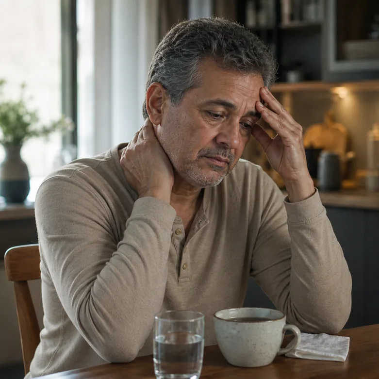 Homem adulto sentado, com expressão de cansaço e desconforto.