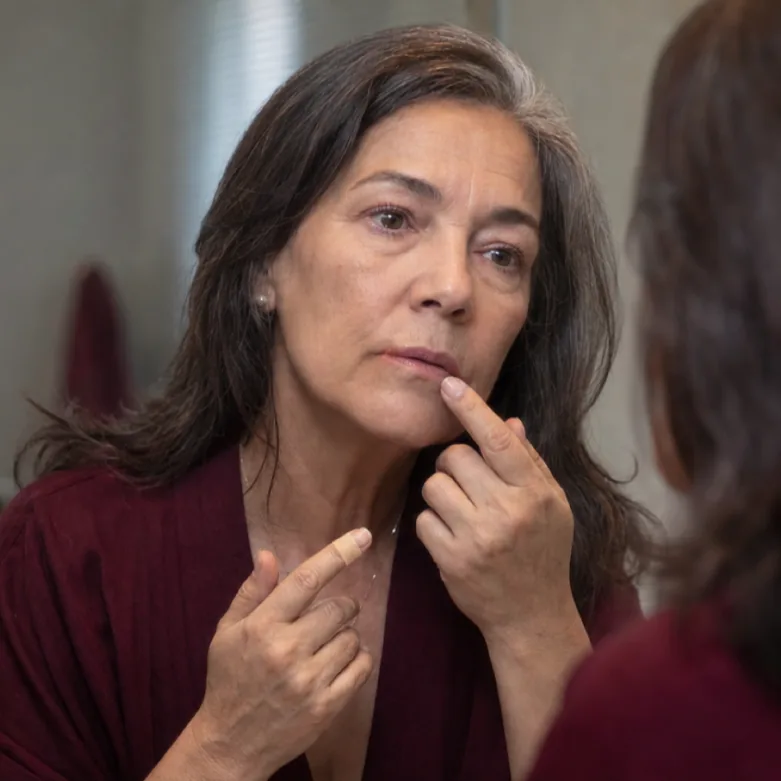 Mulher adulta observando atentamente uma lesão no lábio diante do espelho.