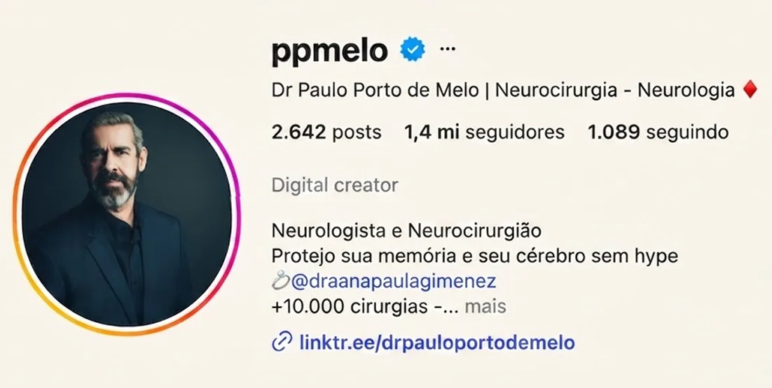 Perfil verificado do Dr. Paulo Porto de Melo no Instagram, com 1,4 milhão de seguidores.