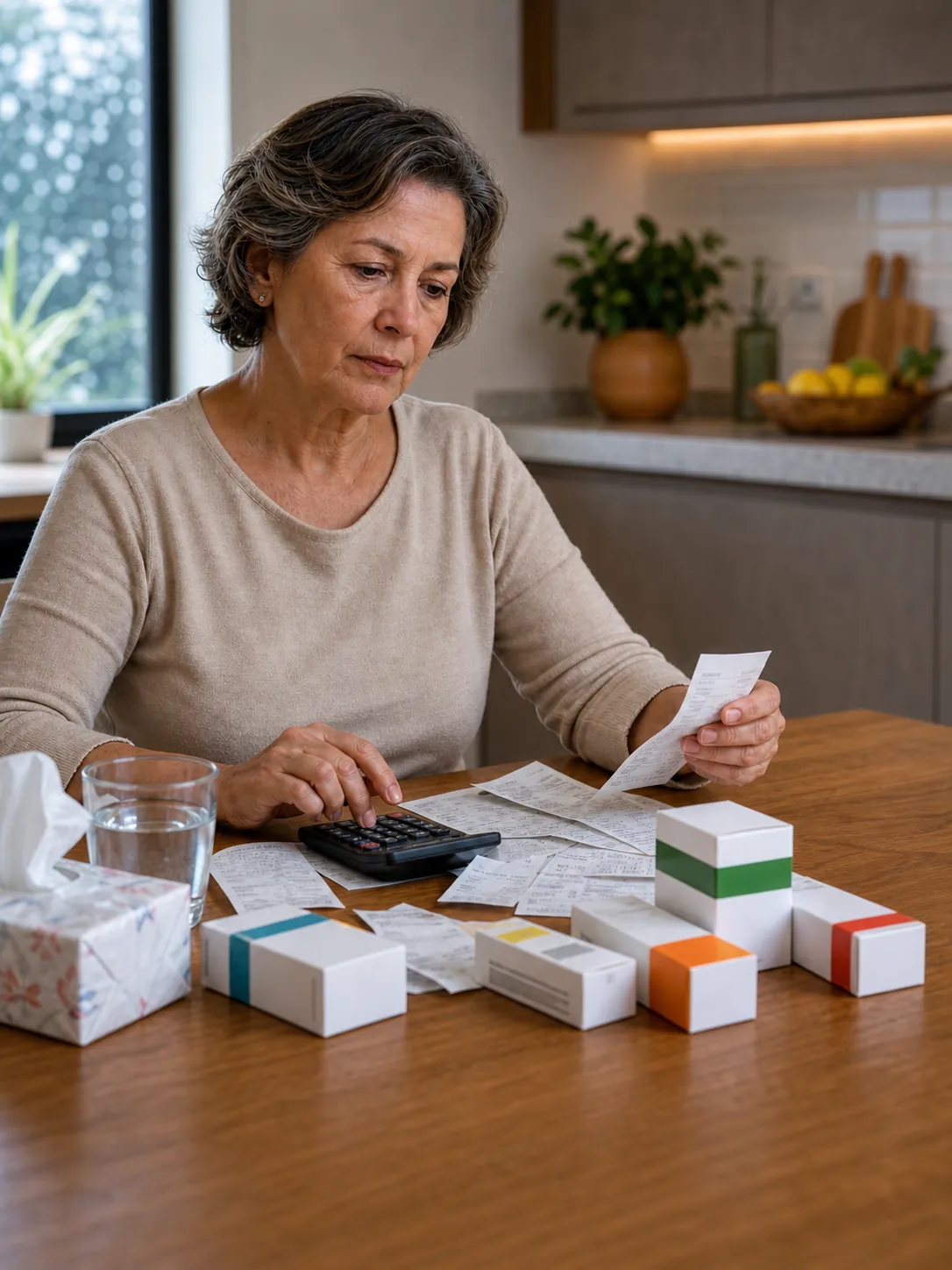 Mulher analisando recibos e gastos com medicamentos sobre a mesa.